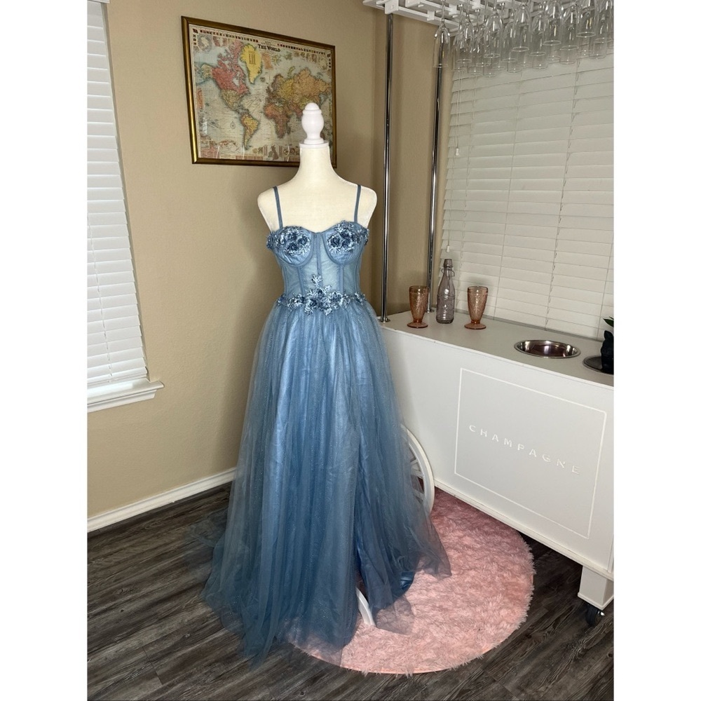 Women’s powder blue spaghetti strap Glitter tulle prom dress